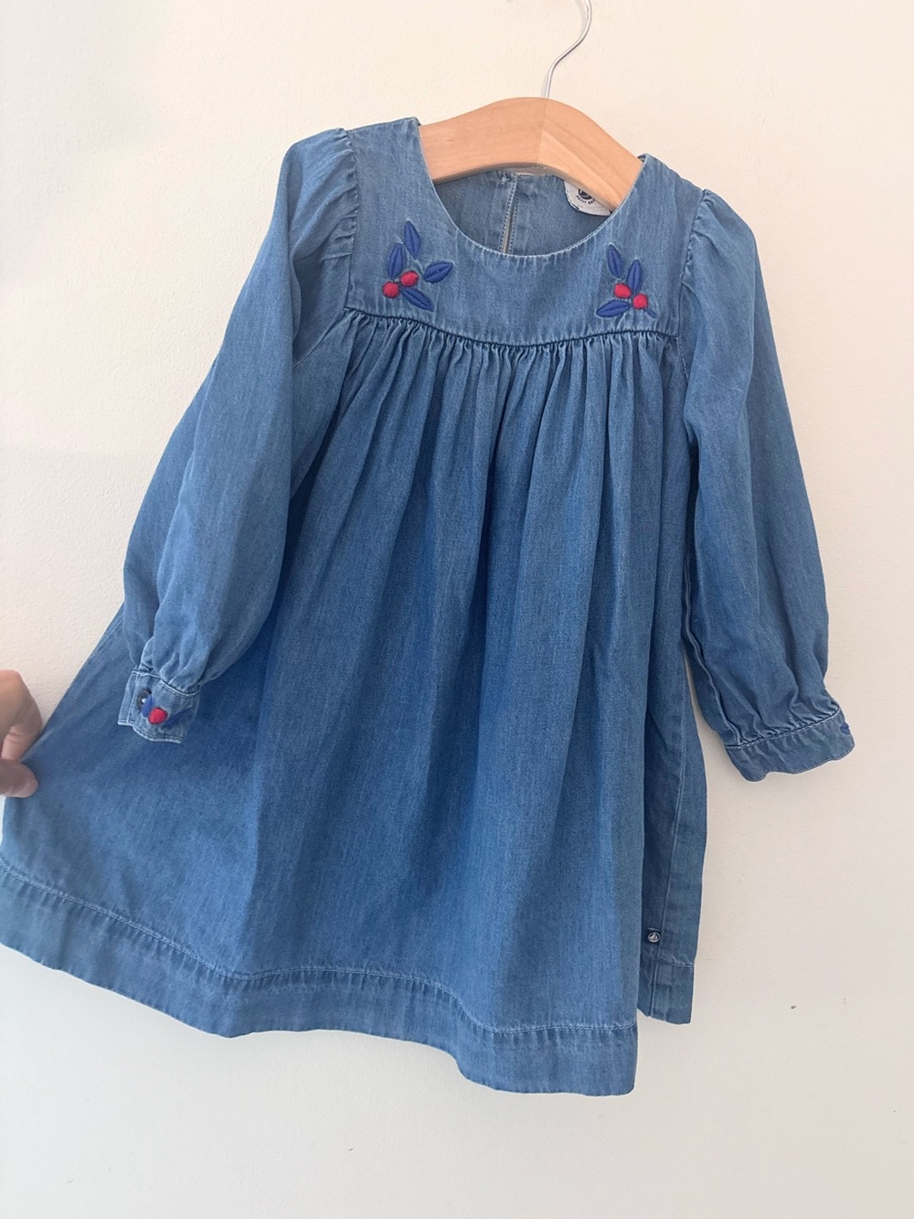 Petit Bateau dress cotton blue denim embroidered long sleeve 4T